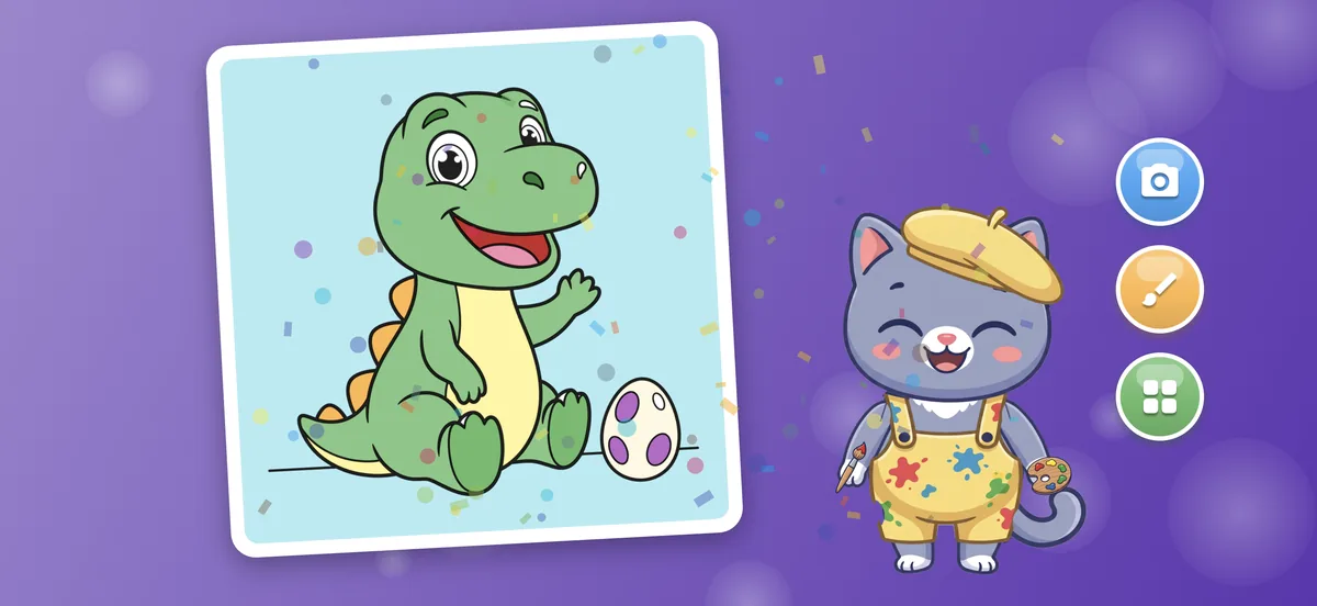 A finished dinosaur picture with Pimu cheering